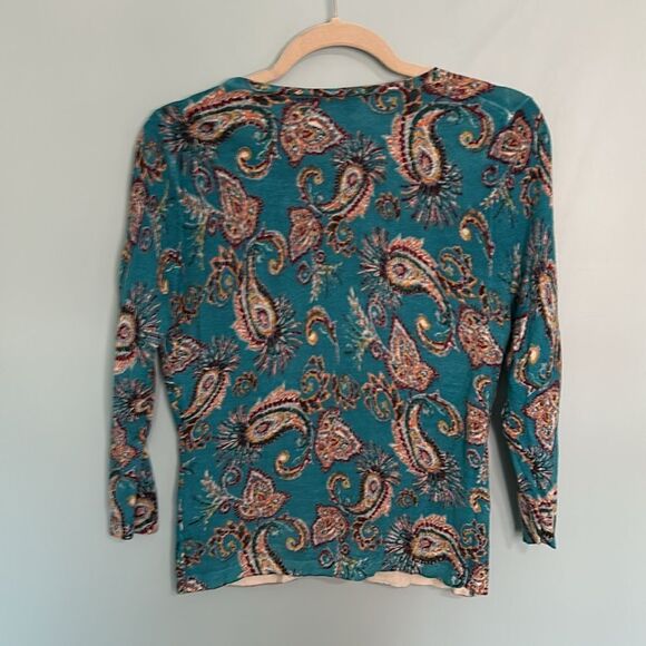 Garnet Hill 100% Merino Wool Paisley Print Button Down Top Cardigan Teal - Picture 6 of 7